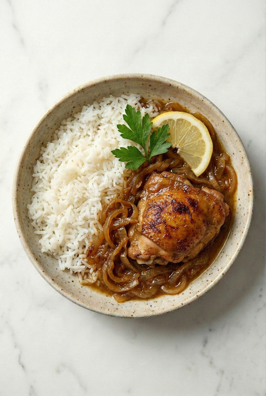 Yassa de Pollo con Arroz Blanco